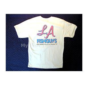 
<p>LA Fishguys T-Shirts, Haines BEEFY-T 100% PreShrunk Cotton.</p>
<p>White cotton t-shirt with a bold LA FishGuys logo on front left chest and on the backside is a large colorful LA FishGuys logo with Web Based Aquarium Reality TV in black across bottom</p>
<p>Limited supply on-hand. Ships out in padded envelope via Fed Ex Ground. Available in Mens Medium, Large and X-Large.</p>
<p>Will you be the first in your neighborhood to have an LA Fishguys T-Shirt ? </p>
